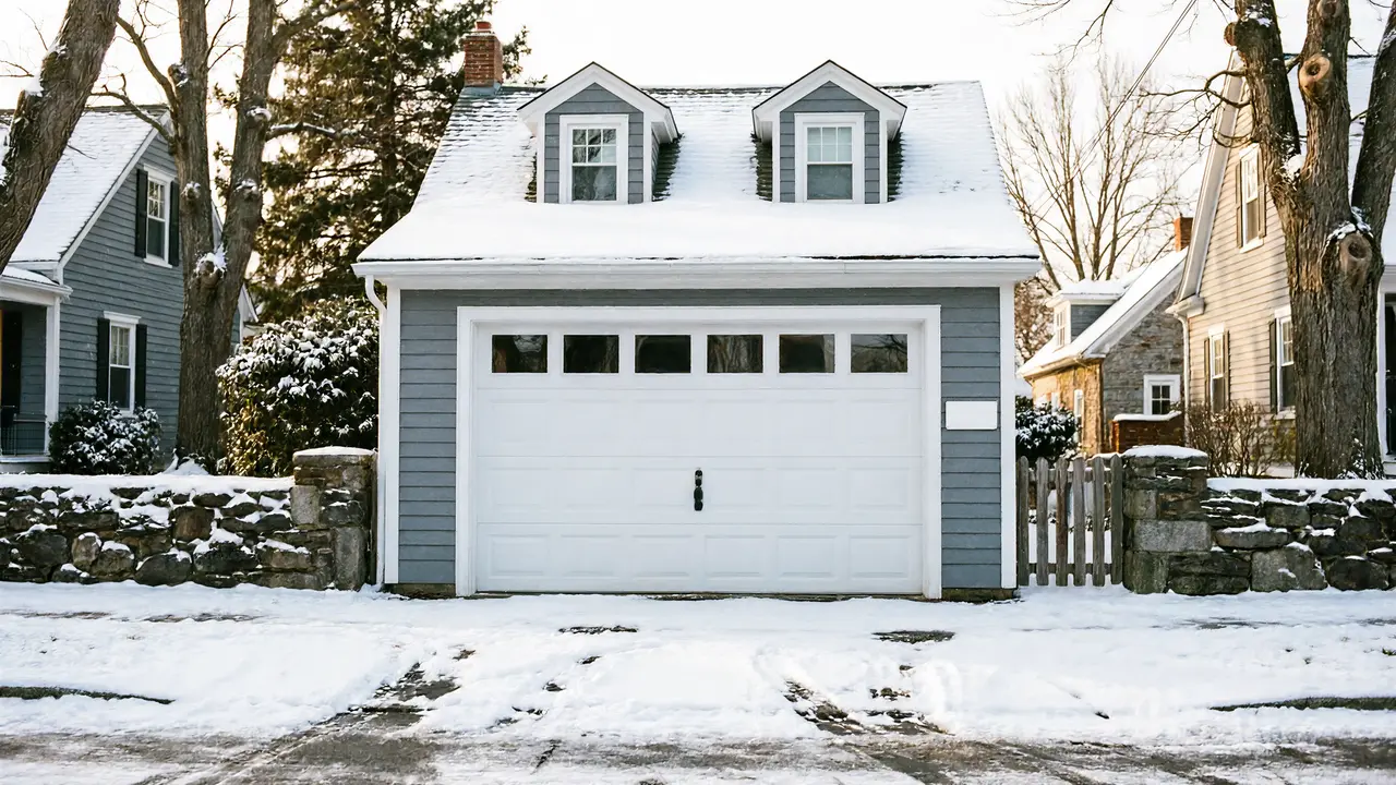 A white garage door with windows on a gray house covered in snow.