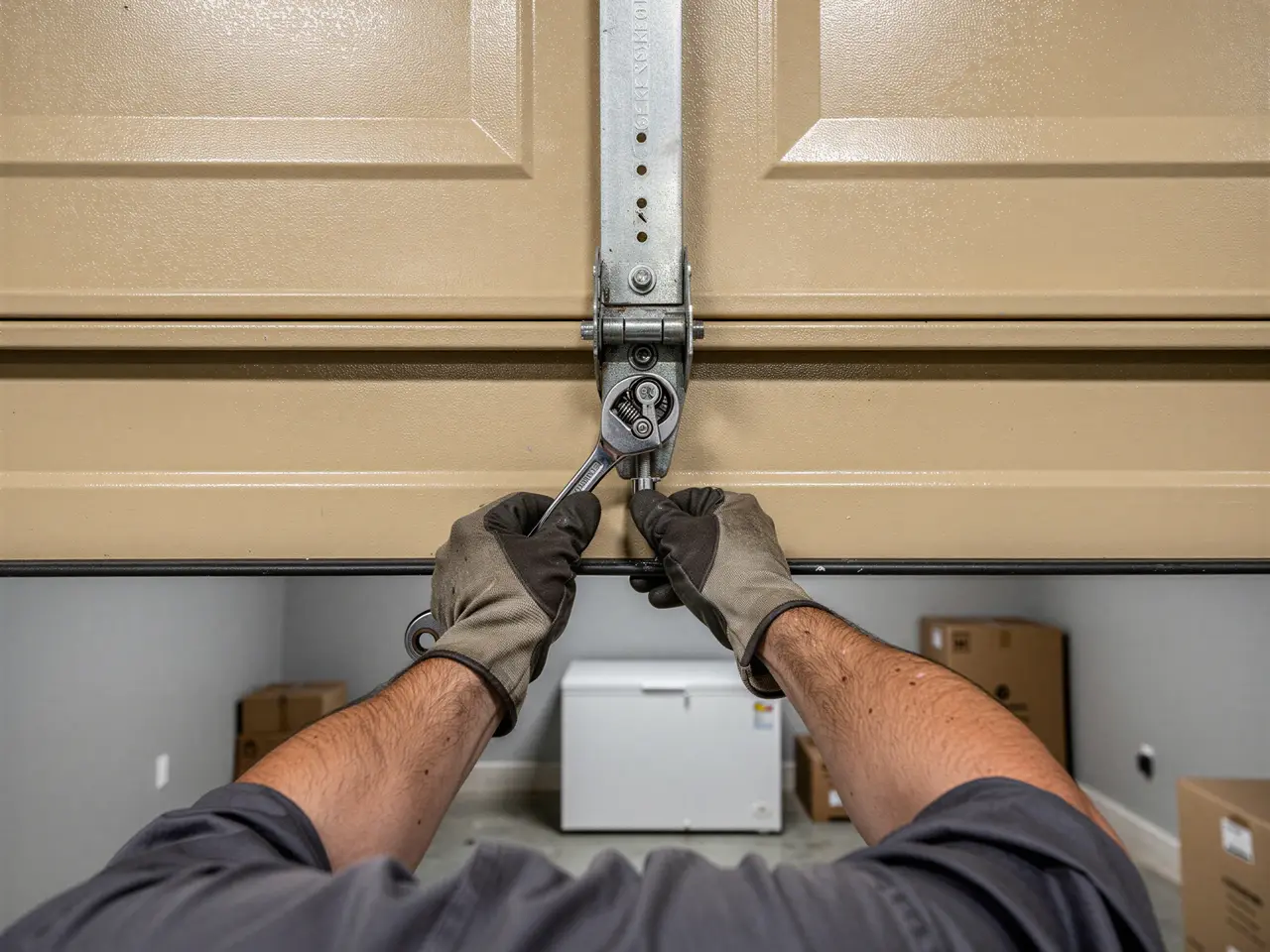 A technician in gloves uses a wrench to adjust a tan garage door.