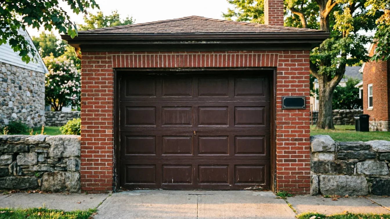 The brown panel garage door is set in a red brick garage with a stone wall.