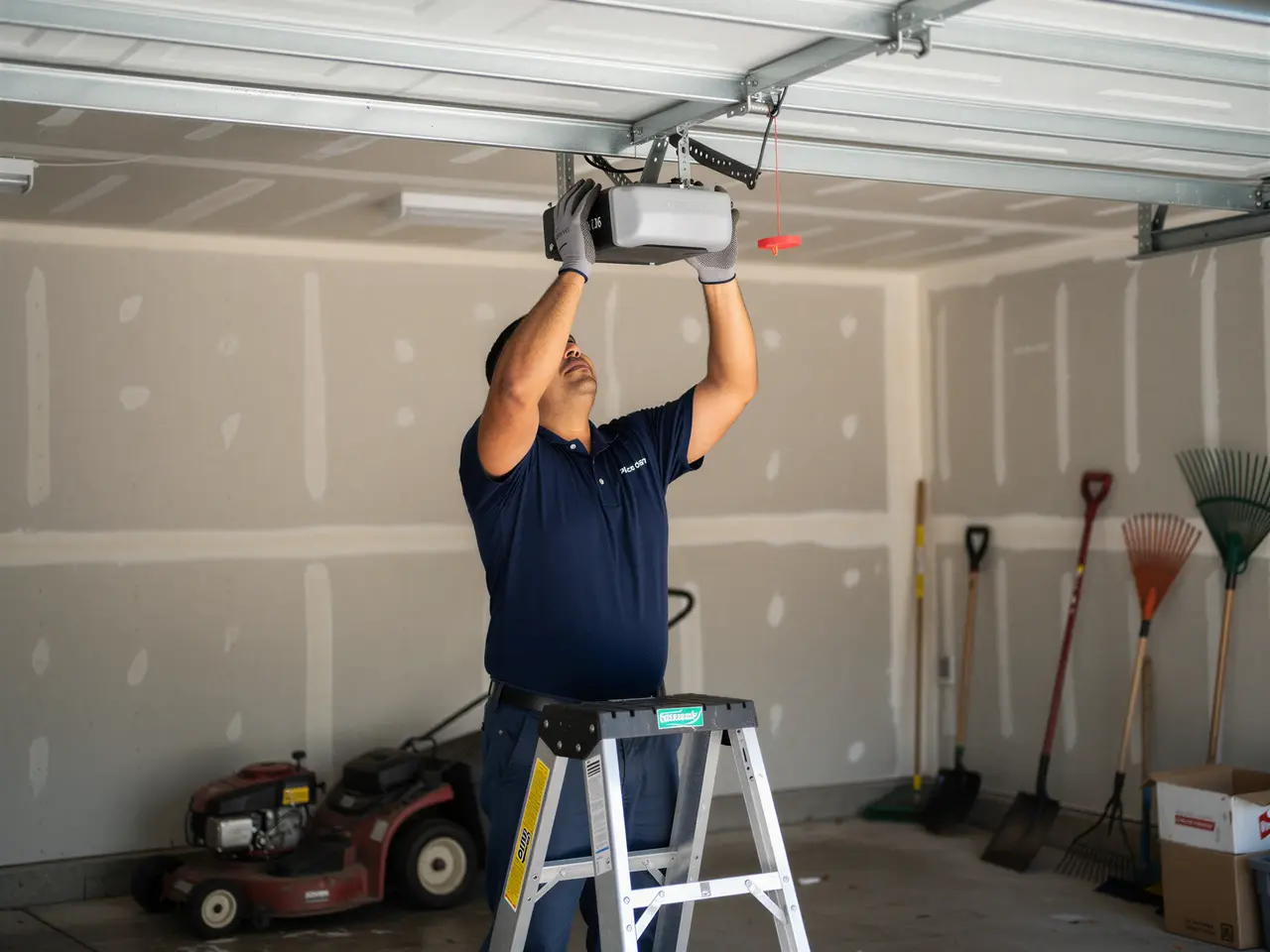 A technician on a ladder installs a garage door opener in a garage.