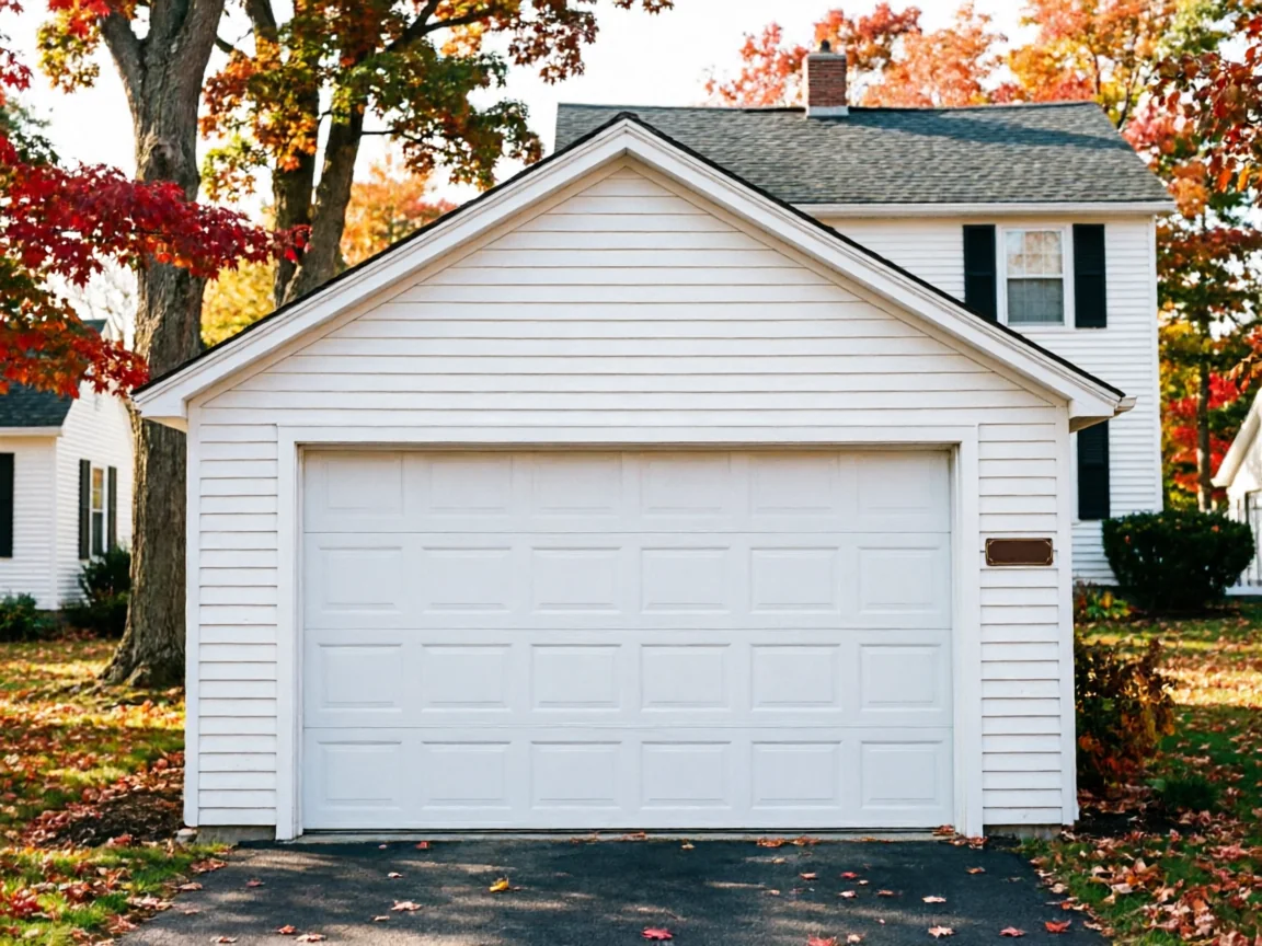 A white garage door on a white house with autumn trees in the background.